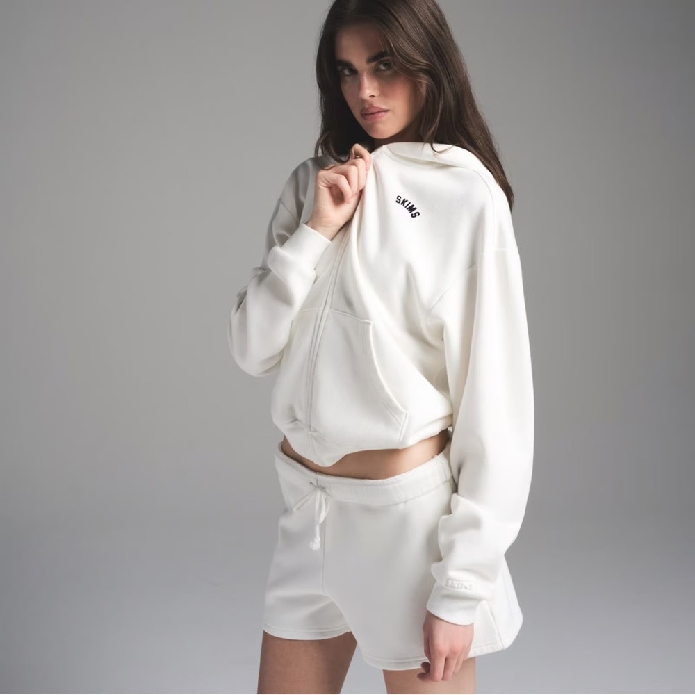 RARE Skims Athletics Cotton Fleece Shrunken Zip Up Hoodie Marble w Graphic NWT